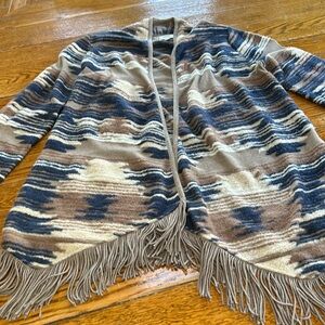 Lucky Brand open front Aztec blue, tan fringed cardigan.  Size Large.